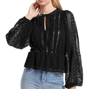 Express Black Vegan Leather Lace Long Bishop Sleeve Peplum Top Blouse size XS